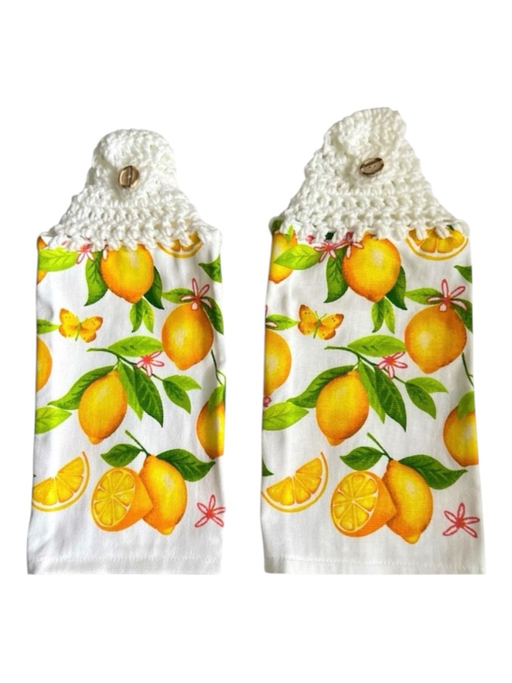 Hand Crafted Lemon Print Hanging Kitchen Hand Towels with Crochet Top